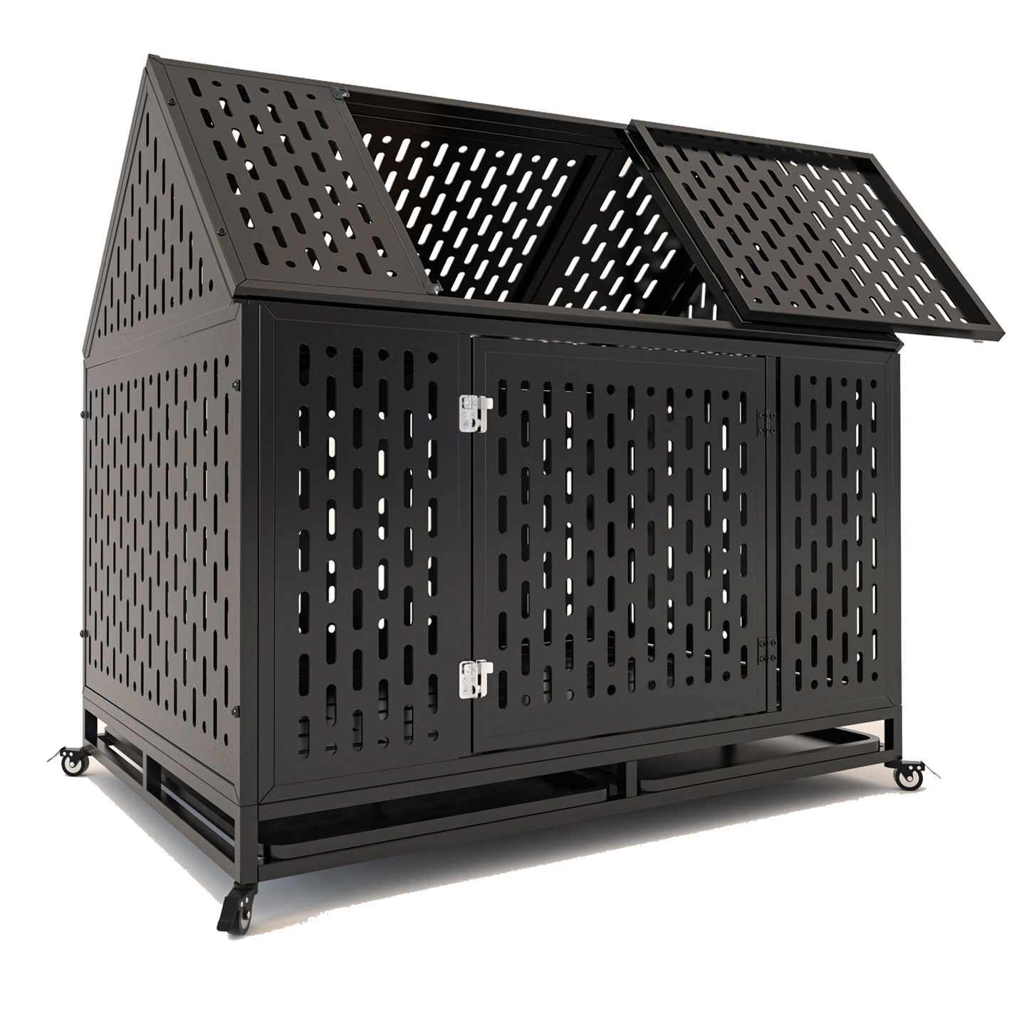 Smart Door Lock: 45' Heavy Duty Dog Crate Indestructible Pet Dog Cage Crate Kennel with Roof Top 2 Doors Removable Trays, Lockable Wheels, Escape-Proof for High Anxiety Large/Extra Dogs by Streamdale Furniture