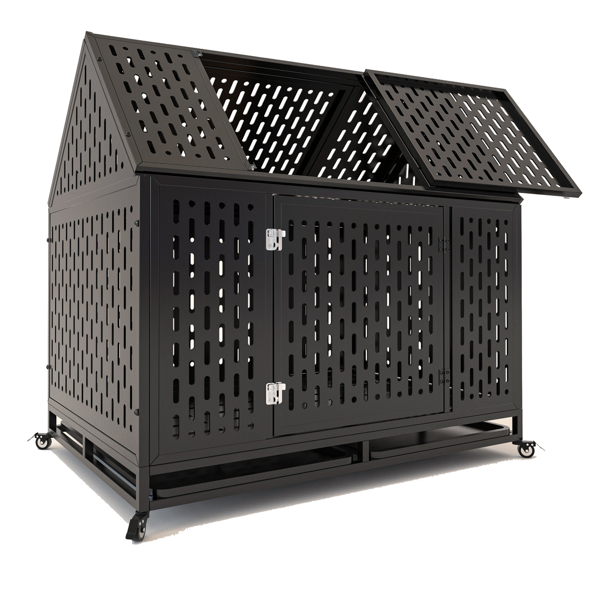 Smart Door Lock: 45' Heavy Duty Dog Crate Indestructible Pet Dog Cage Crate Kennel with Roof Top 2 Doors Removable Trays, Lockable Wheels, Escape-Proof for High Anxiety Large/Extra Dogs by Streamdale Furniture