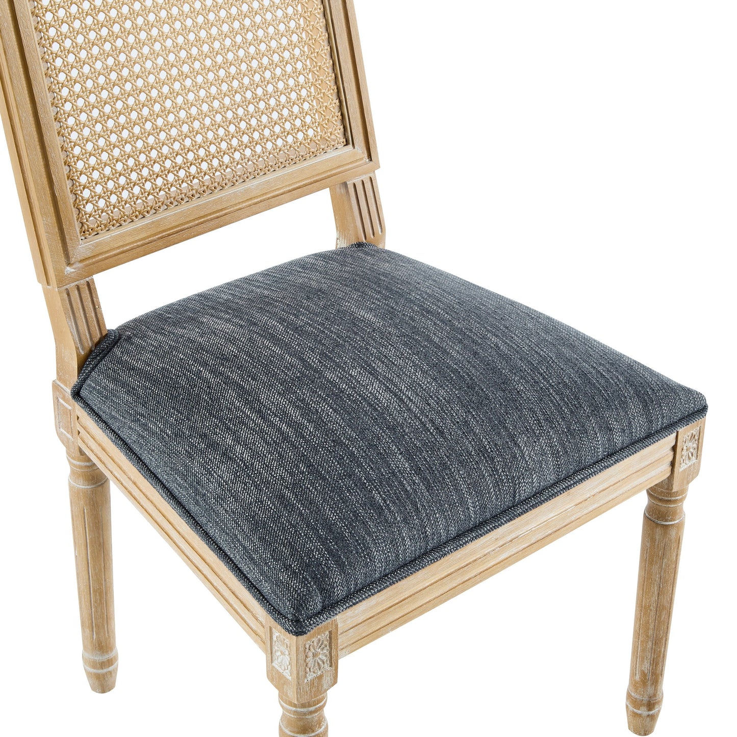 Vintage Inspired French Country Dining Chairs Set of 2 with Cane Backrest & Upholstered Seats in Rustic Weathered Finish