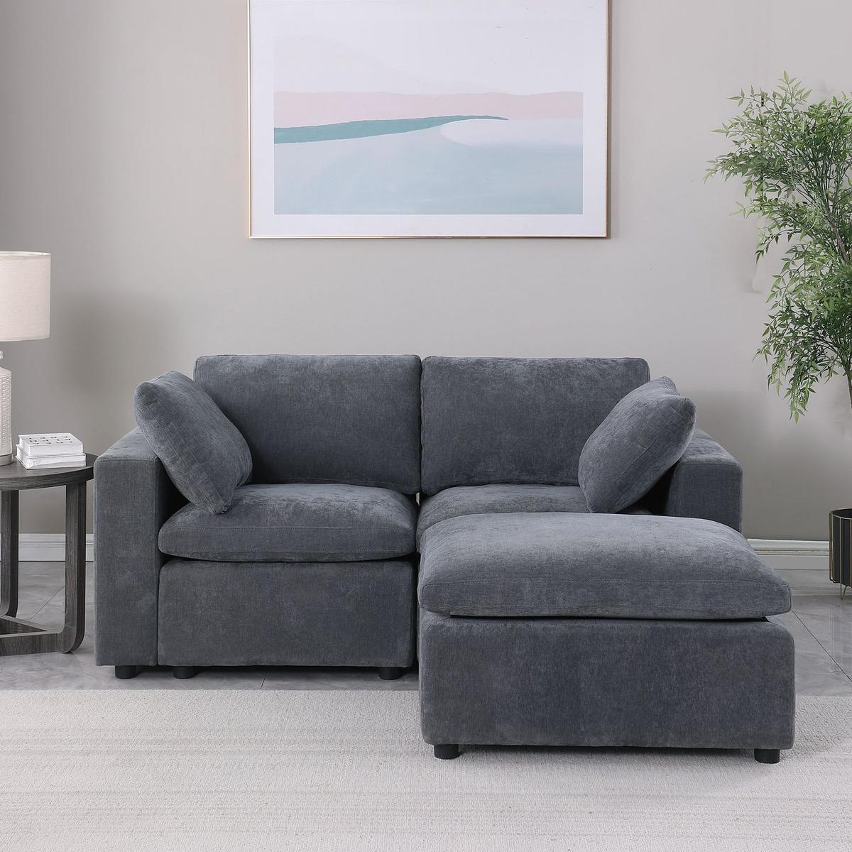 Living Room Decor: 68.5" Loveseat Sofa with Ottoman Modular Sectional Love Seat Couch Small L Shaped Upholstered Couch for Living Room Apartment Small Space, Chenille Grey by Streamdale Furniture