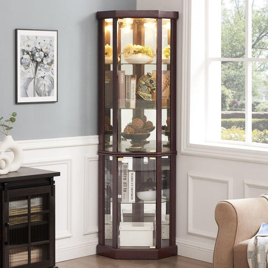 Kitchen Tools & Cookware: Corner Lighted Curio Cabinet Corner Glass Cabinet Lighted Curio Cabinet Corner Display Case for Living Room, Curio Cabinet, Antique collection, Wine,Bar Glass Storage Light Included,Dark Cherry by Streamdale Furniture