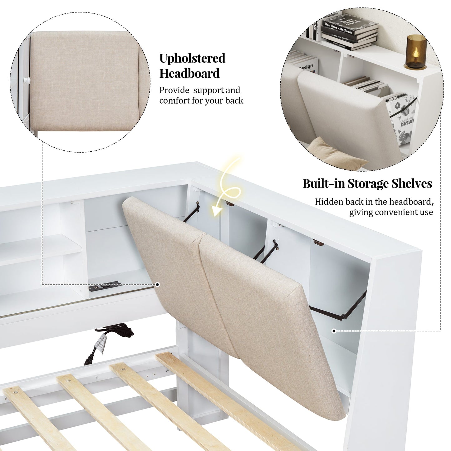 Wooden Twin Size L-shaped Daybed Corner Bed Under-bed Drawers  with Storage Bookcase and Upholstered Headboard and USB Charging Ports for Limited Space,White