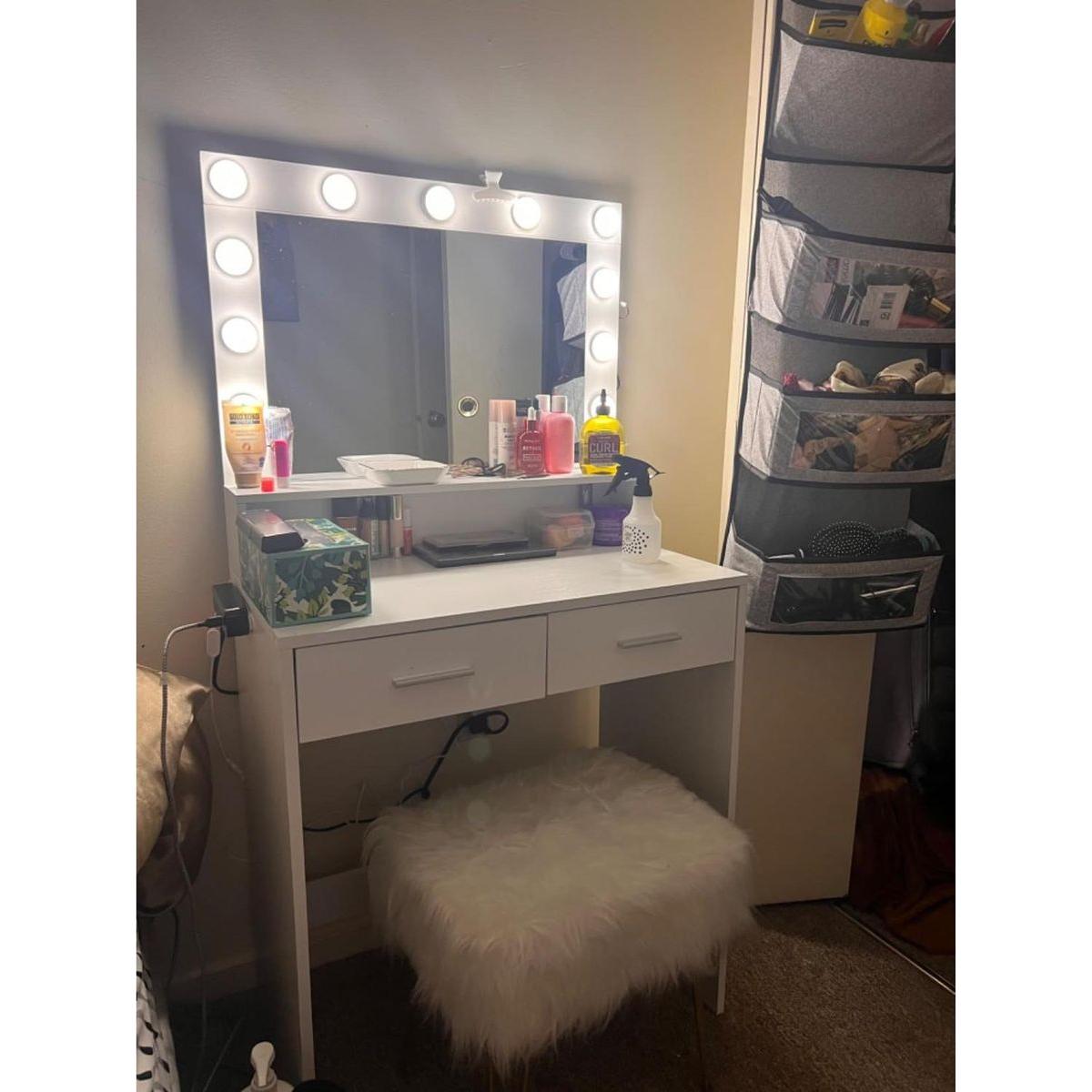 Vanity Desk with Mirror and Lights, Dressing Table with Large Drawer, 2 Level Storage Dresser & 3 Lighting Modes Adjustable Brightness, Suitable for Bedroom(White)