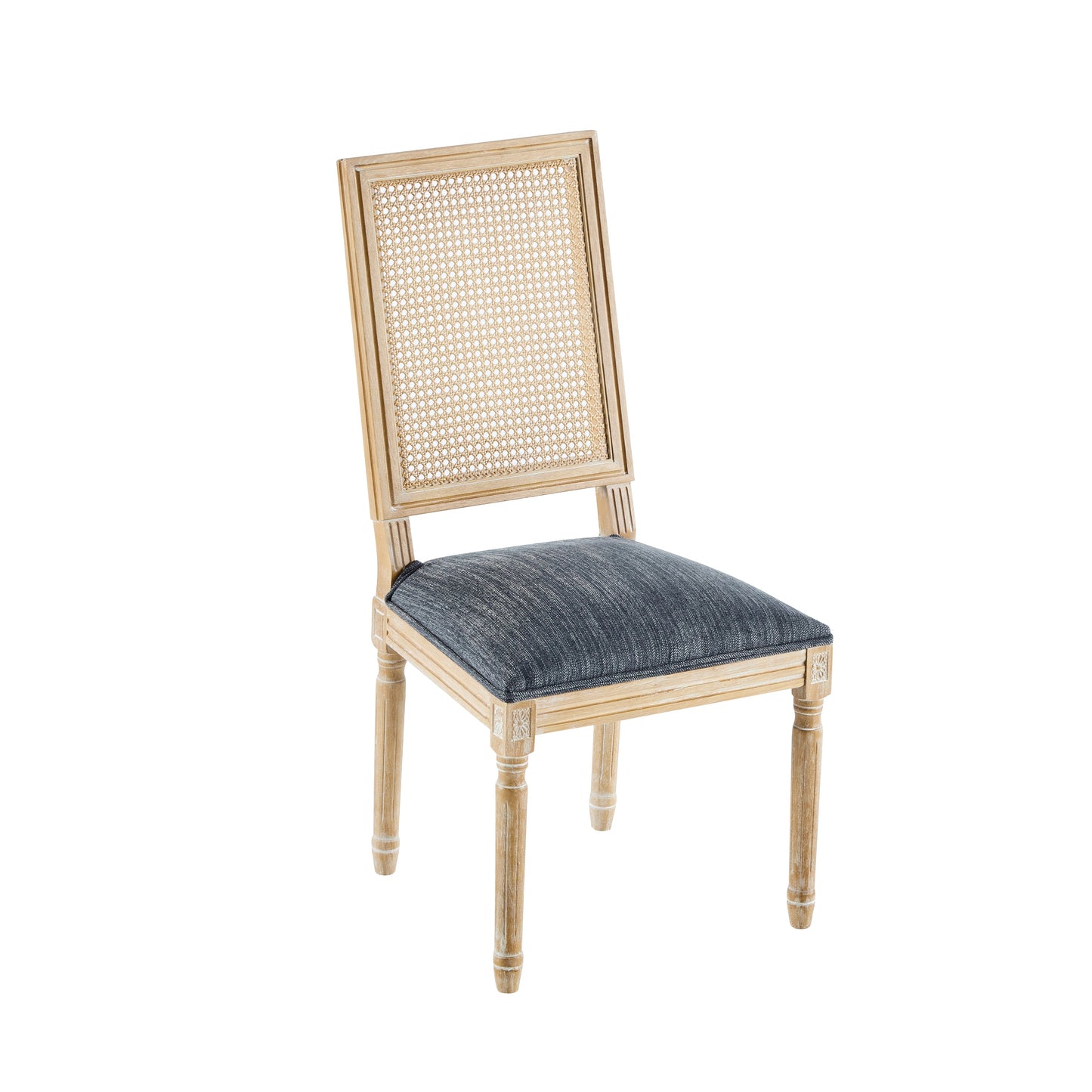 Vintage Inspired French Country Dining Chairs Set of 2 with Cane Backrest & Upholstered Seats in Rustic Weathered Finish