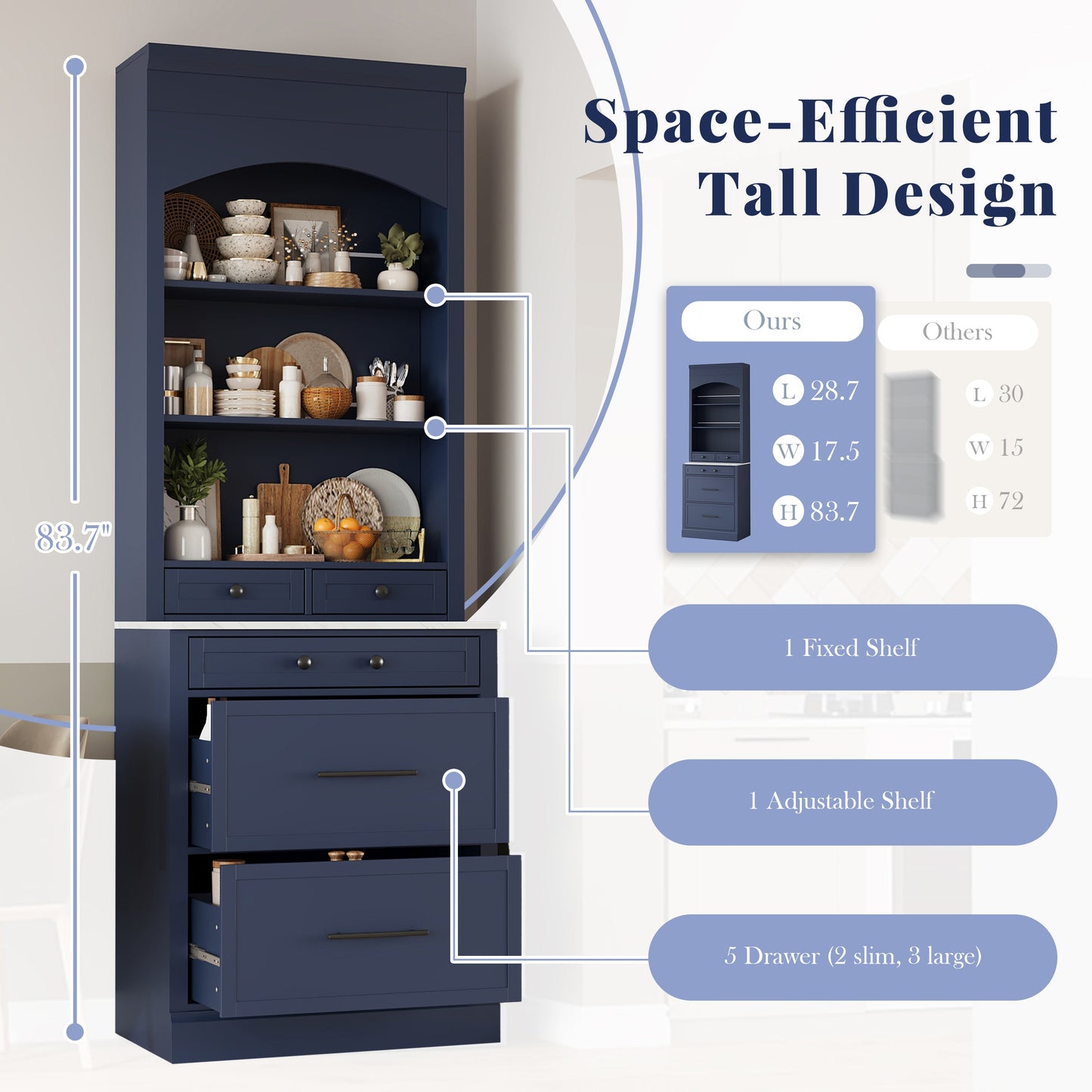 [Assembly Video Provided] TOPMAX Modern 83.7inch High Kitchen Pantry, Freestanding Tall Kitchen Hutch with Faux Marble Top,Cupboard Cabinet with 5 Storage Drawers and Adjustable Shelf, Set of 2, Blue