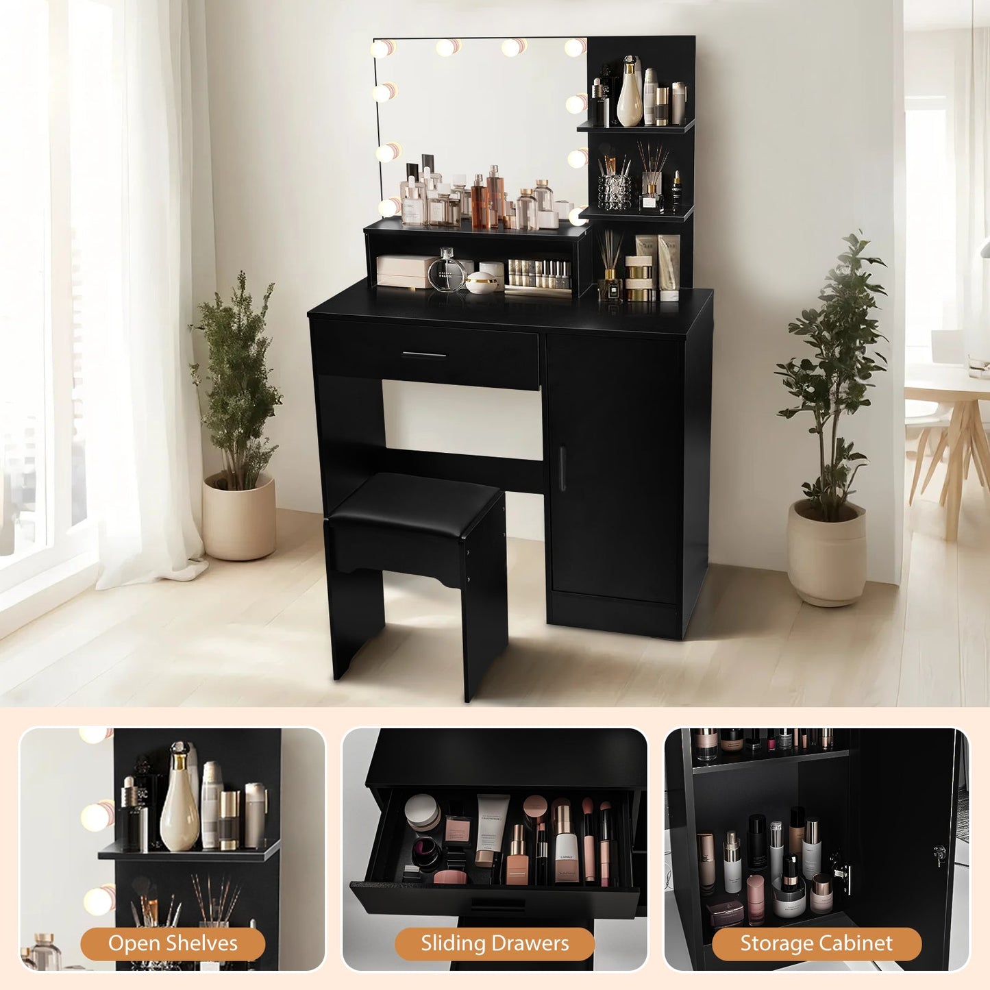 Vanity Desk with Mirror and Lights, Makeup Vanity with Drawer & Storage Cabinet, 3 Adjustable Lighting Colors, Makeup Desk with Open Shelves for Bedroom, Dressing Room, Black