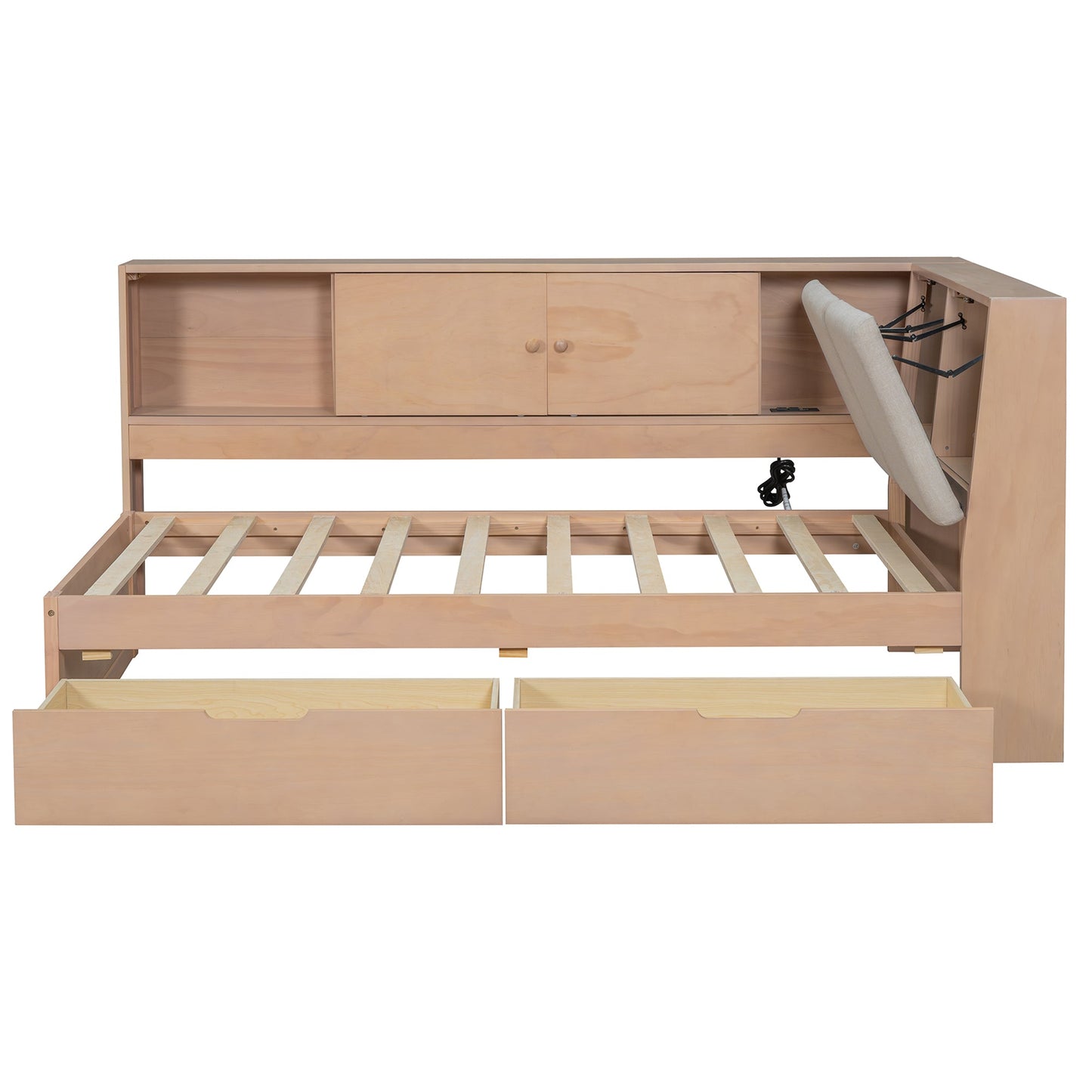 Wooden Twin Size L-shaped Daybed Corner Bed Under-bed Drawers  with Storage Bookcase and Upholstered Headboard and USB Charging Ports for Limited Space,Natural