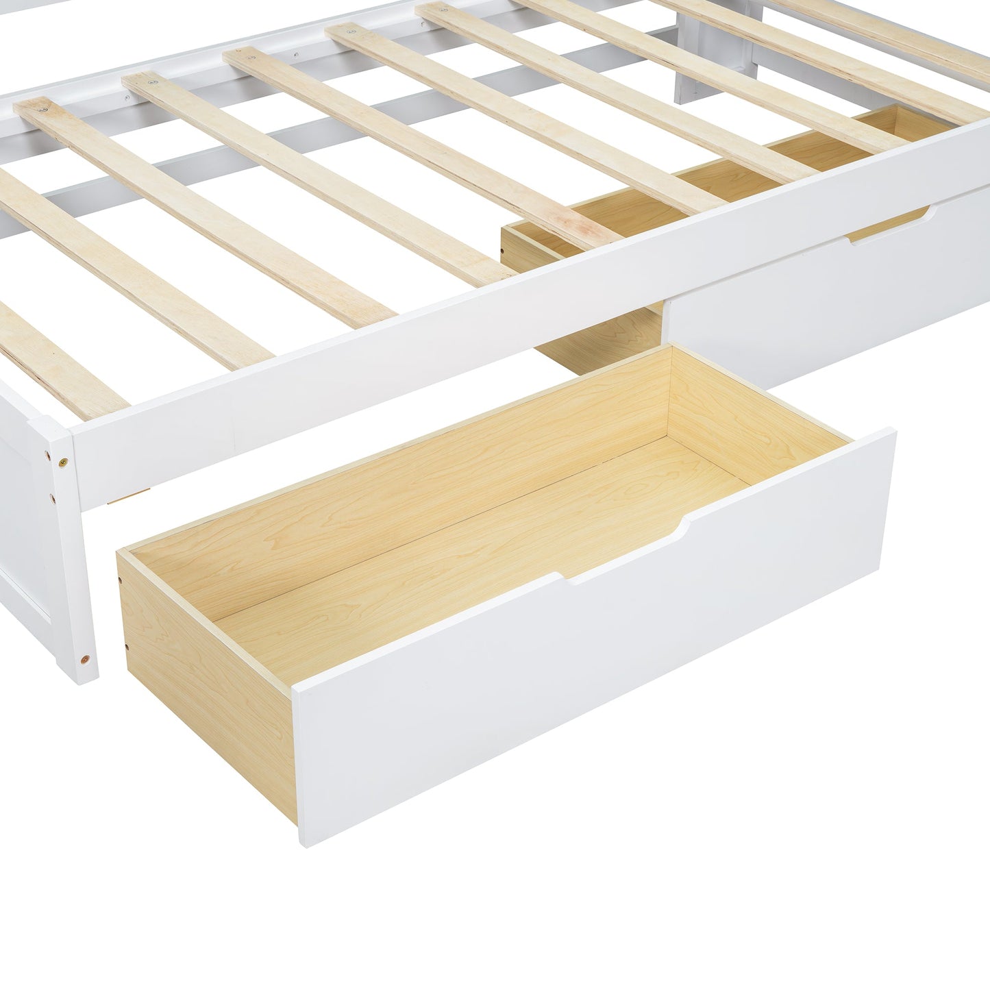 Wooden Twin Size L-shaped Daybed Corner Bed Under-bed Drawers  with Storage Bookcase and Upholstered Headboard and USB Charging Ports for Limited Space,White
