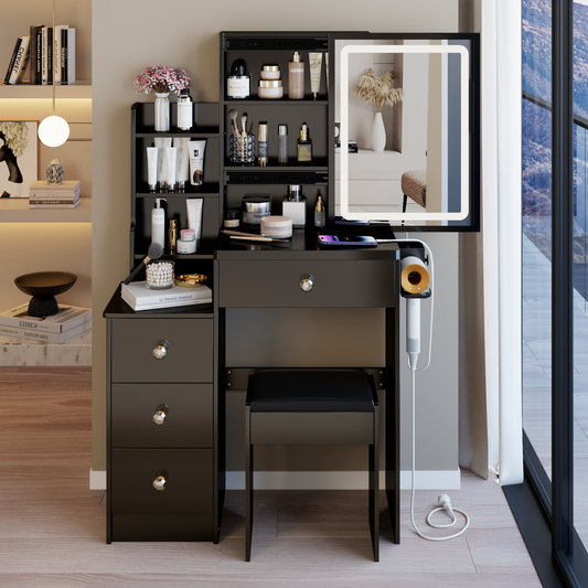 29.2' Small Size Left Bedside Cabinet Vanity Table + Cushioned Stool, 2 AC+2 USB Power Station, Hair dryer bracket, Extra Large Touch Control Sliding LED Mirror, Tri-color Switching, Brightness Adjust