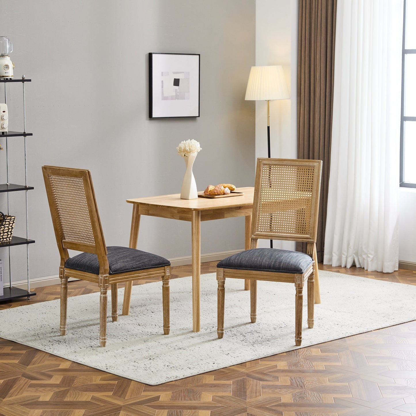 Vintage Inspired French Country Dining Chairs Set of 2 with Cane Backrest & Upholstered Seats in Rustic Weathered Finish