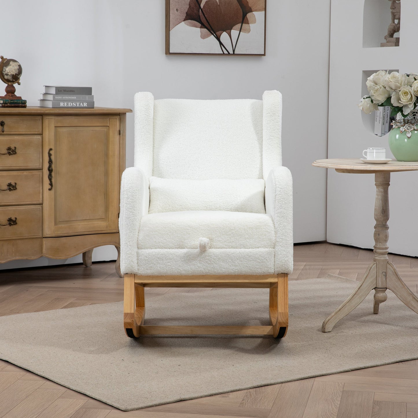 25.4'W Modern Rocking Chair for Nursery, Mid Century Accent Arm Rocker With Retractable Footrest, Side Pocket, Comfy Upholstered Wingback Wooden Glider Chair for Living Room Baby Kids Room. Ivory
