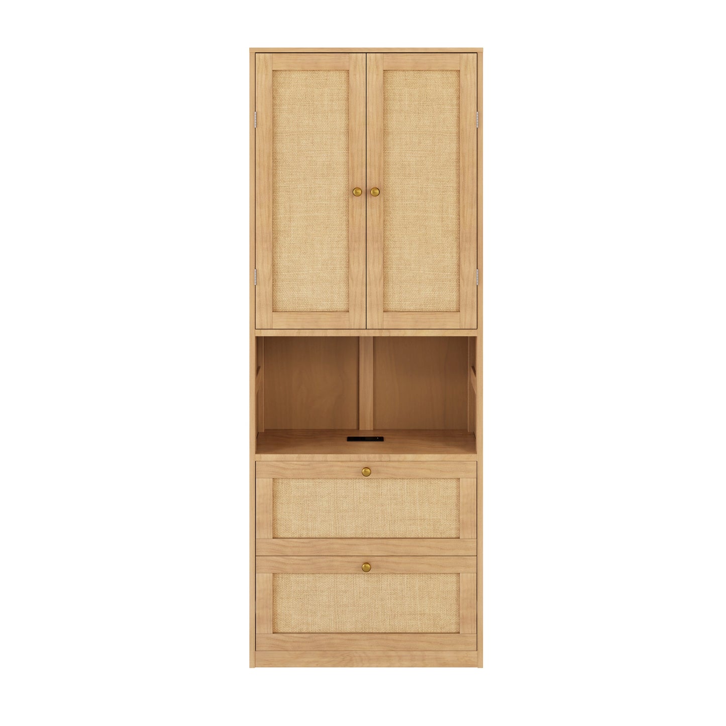 2 Doors Bookshelf with USB Port and 3 Drawers Side Cabinet Storage Shelves, Natural