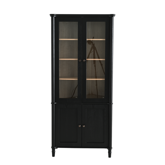 Vintage Display Cabinet with Double Glass Doors, Traditional Style for Collectibles - Black, Ash Wood Veneer, 73.25'' Tall