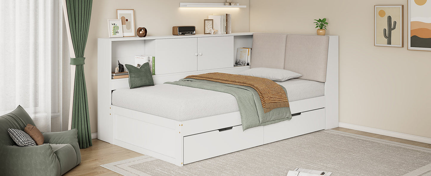 Wooden Twin Size L-shaped Daybed Corner Bed Under-bed Drawers  with Storage Bookcase and Upholstered Headboard and USB Charging Ports for Limited Space,White