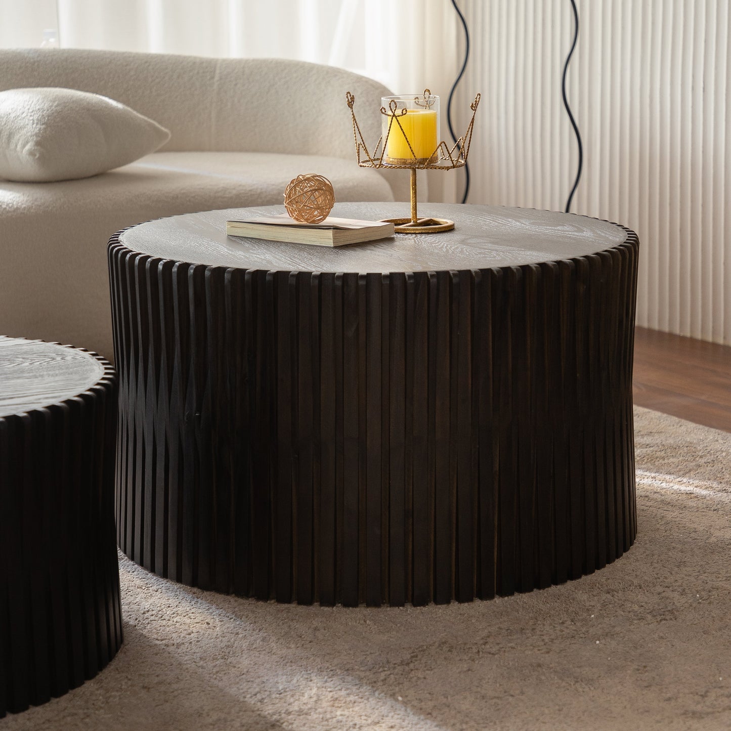 Vintage Fashion Style Cylindrical Nesting Coffee Table Set with Vertical Textured Embossed Design for Living Room, Office and Dining Room, Dark Brown (Set of 2)