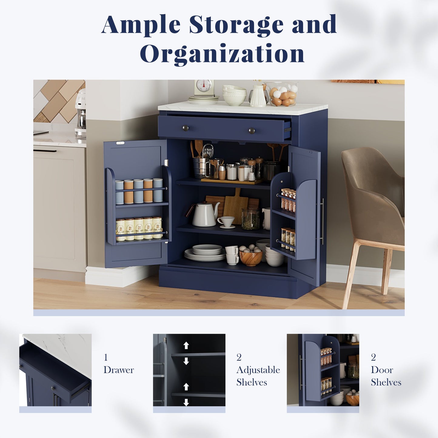 [Assembly Video Provided] TOPMAX Modern Freestanding Kitchen Pantry,Buffet Food Storage, Coffee Bar Cabinet with Drawer, 2 Adjustable Shelves and 2 Door Shelves for Dining, Kitchen, Set of 2, Blue