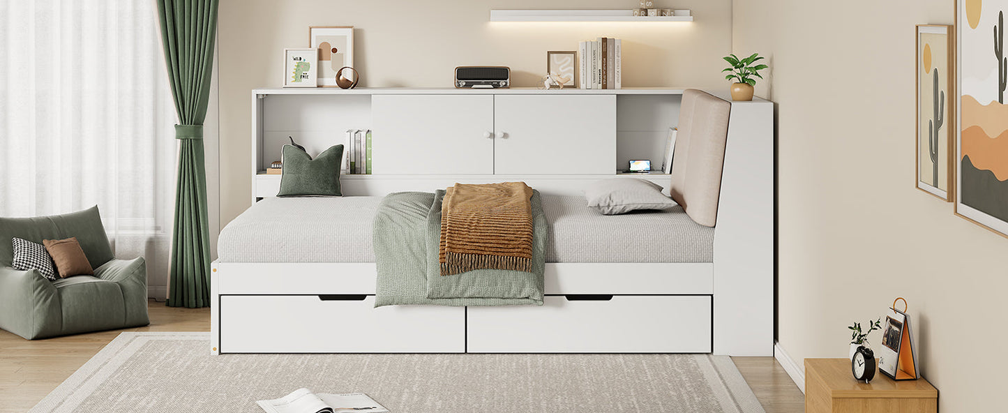 Wooden Twin Size L-shaped Daybed Corner Bed Under-bed Drawers  with Storage Bookcase and Upholstered Headboard and USB Charging Ports for Limited Space,White