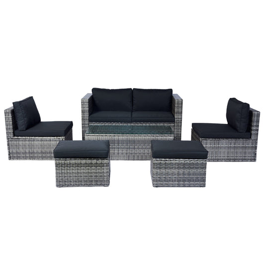 Garden & Outdoor: 6 Piece Patio Wicker Sectional Set Patio Backyard Conversation Set Space Saving Grey Wicker + Black Cushion by Streamdale Furniture