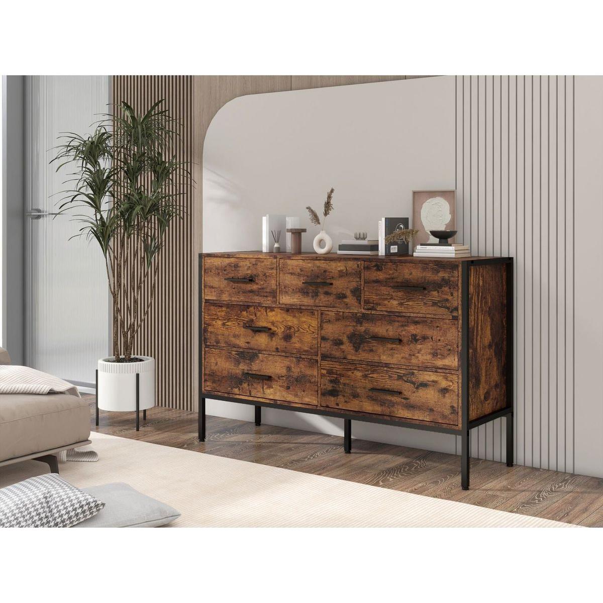 Wood Dresser with 7 Drawers, Wooden Storage Closet for Bedroom, Solid Clothes Cabinet with Sturdy Steel Frame, 48.58"Wx15.75"Dx31.22"H, 48 inch, Rustic Brown