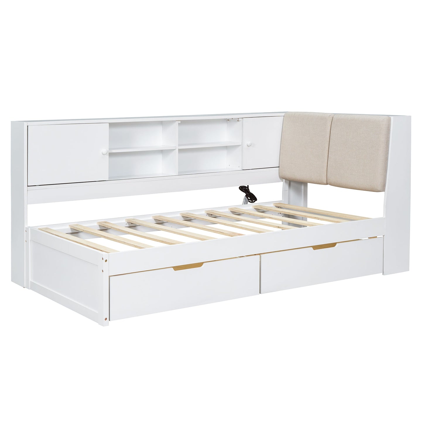 Wooden Twin Size L-shaped Daybed Corner Bed Under-bed Drawers  with Storage Bookcase and Upholstered Headboard and USB Charging Ports for Limited Space,White