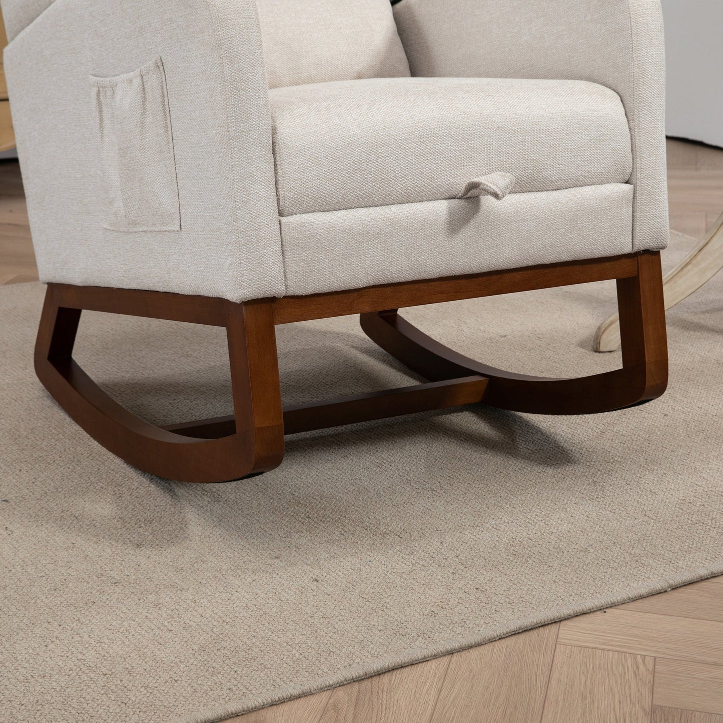 25.4'W Modern Rocking Chair for Nursery, Mid Century Accent Arm Rocker With Retractable Footrest, Side Pocket, Comfy Upholstered Wingback Wooden Glider Chair for Living Room Baby Kids Room. Beige