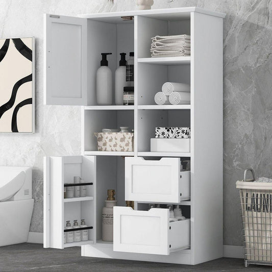 Kitchen Tools & Cookware: Bathroom Storage Cabinet with Doors and Drawers, Multiple Storage Space, Freestanding Style, Open Shelve, Adjustable Shelf, White by Streamdale Furniture