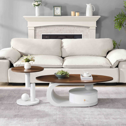 Kitchen Tools & Cookware: Luxury Nesting Coffee Table Set of 2,  Tables with Storage for Living Room, Oval and Round Table Set, White Center Table, Cocktail Table, Side Table,  Large 47.24'', Small 19.69'' by Streamdale Furniture
