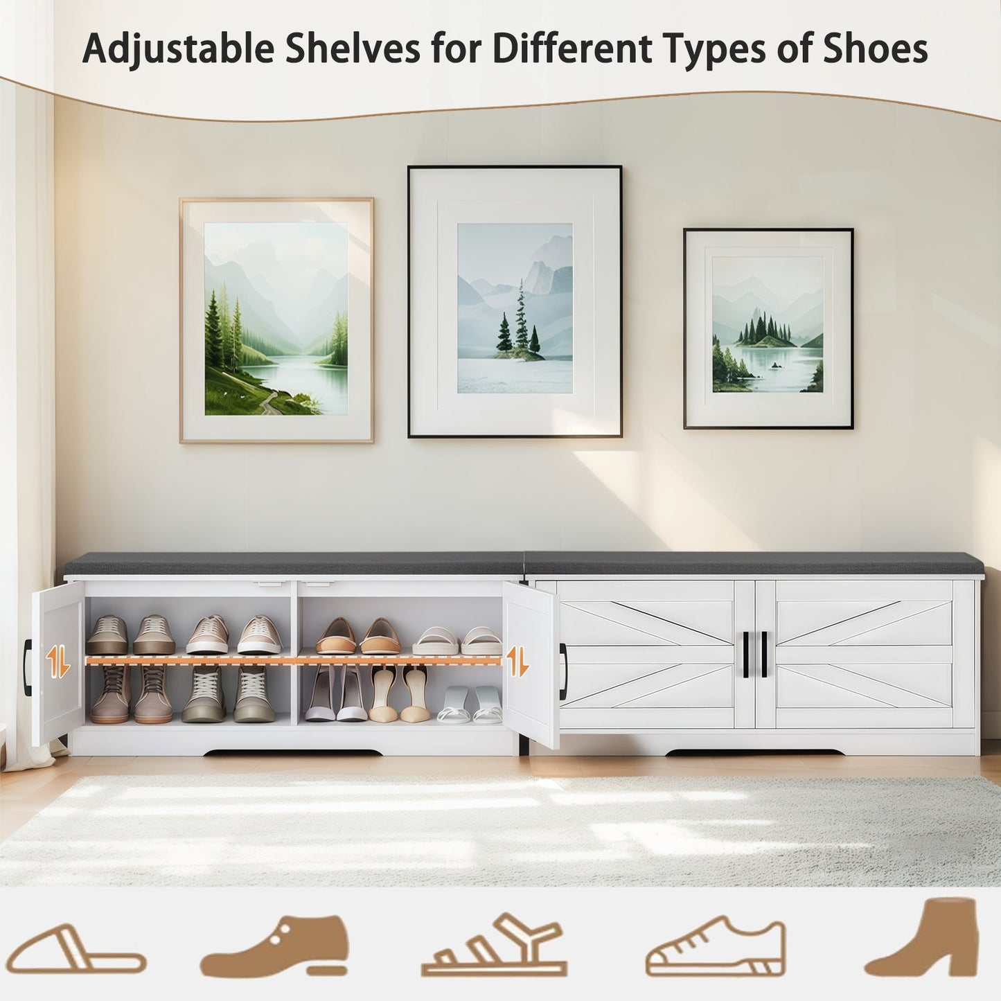 2 Tier Shoe Bench with Padded Seat, 2 Barn Doors and Adjustable Shelves, for Entryway and Living Room, White MDF