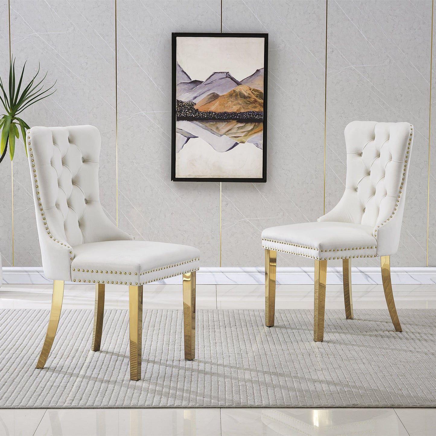 Dining & Tableware: Elegant White Velvet Dining Chairs with Gold Mirrored Finish Legs - Set of 2, 19.7'L x 24'D x 36.2'H, Luxurious Dining Room Charm by Streamdale Furniture