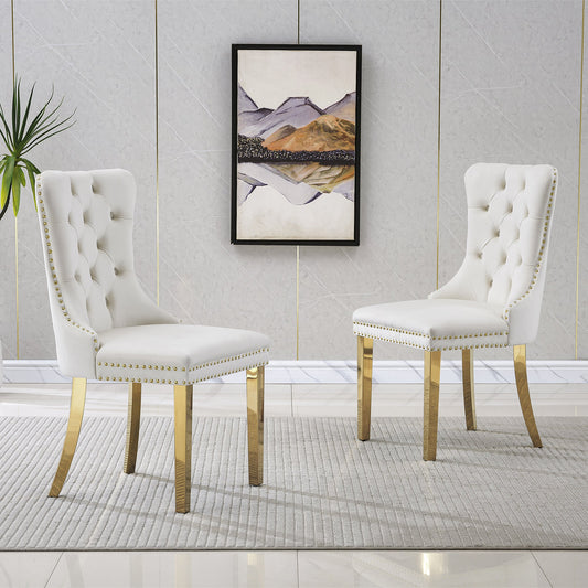 Dining & Tableware: Elegant White Velvet Dining Chairs with Gold Mirrored Finish Legs - Set of 2, 19.7'L x 24'D x 36.2'H, Luxurious Dining Room Charm by Streamdale Furniture