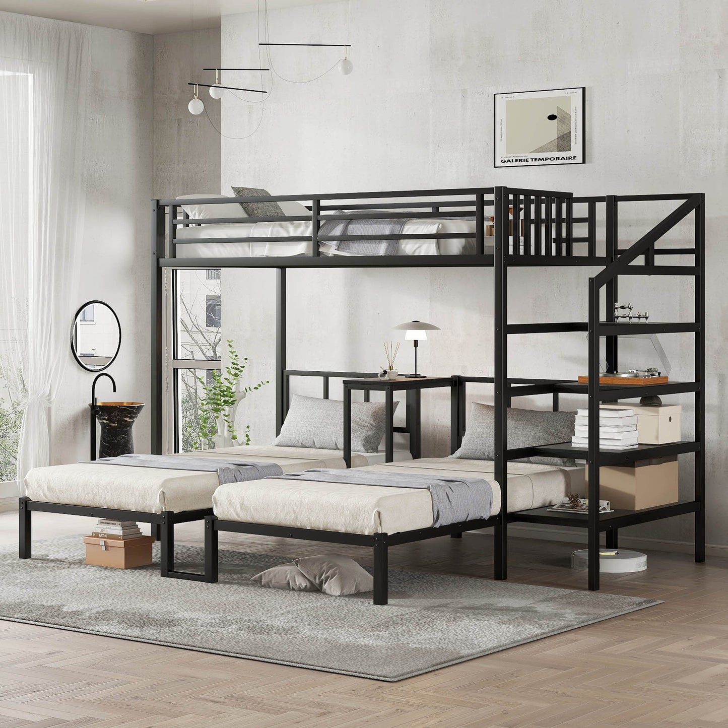Bedroom Bedding & Decor: Twin over Twin & Twin Bunk Beds for 3, Twin XL over Twin & Twin Bunk Bed Metal Triple Bunk Bed with Desk & Shelves, Space Saving/Noise Reduction, Black by Streamdale Furniture