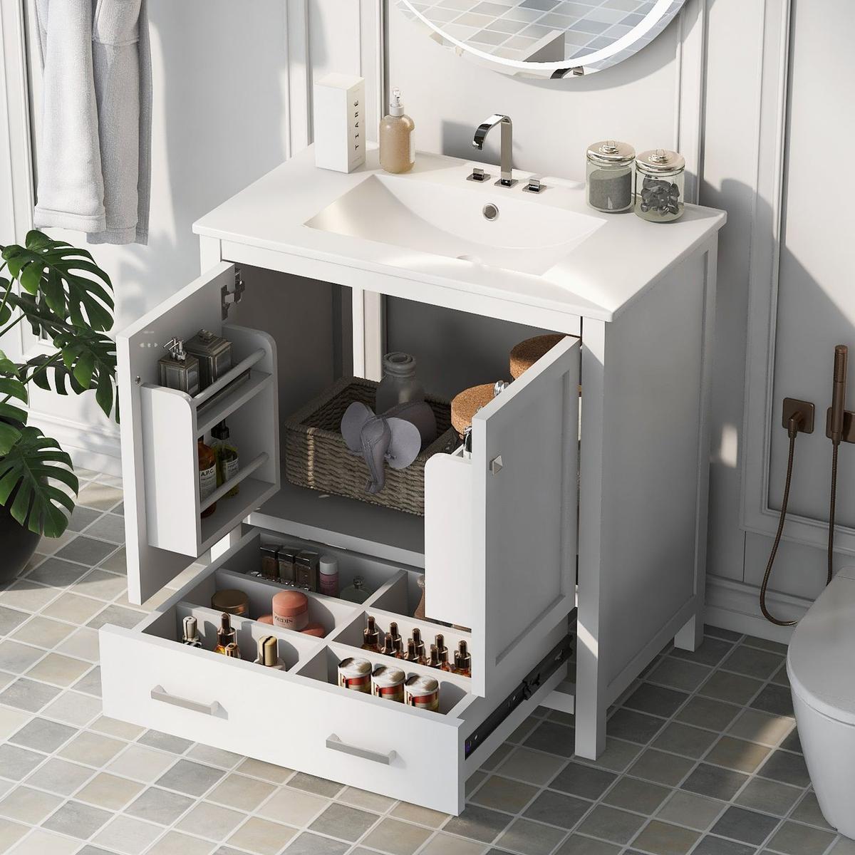 Kitchen Tools & Cookware: 30" White Bathroom Vanity with Single Sink, Combo Cabinet Undermount Sink, Bathroom Storage Cabinet with 2 Doors and a Drawer, Soft Closing, Multifunctional Storage, Solid Wood Frame by Streamdale Furniture