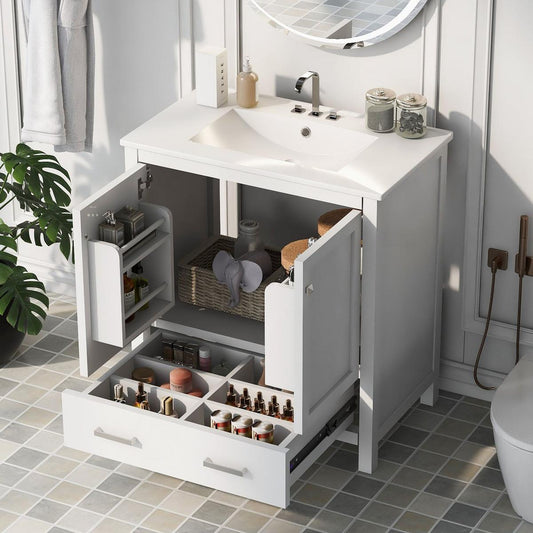 Kitchen Tools & Cookware: 30" White Bathroom Vanity with Single Sink, Combo Cabinet Undermount Sink, Bathroom Storage Cabinet with 2 Doors and a Drawer, Soft Closing, Multifunctional Storage, Solid Wood Frame by Streamdale Furniture