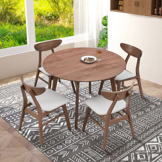 Wooden Dining Table Set, Modern Simple Design Round Kitchen Table and Fabric Upholstered Dining Chairs for Dining Room, Kitchen, Saving Space(1 Table with 4 Chairs),Walnut