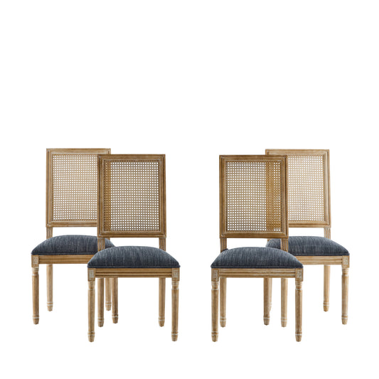Vintage Inspired French Country Dining Chairs Set of 4 - Elegant Cane Backrest & Upholstered Seats - Rustic Weathered Finish - Solid Rubberwood Frame - Blue Gray