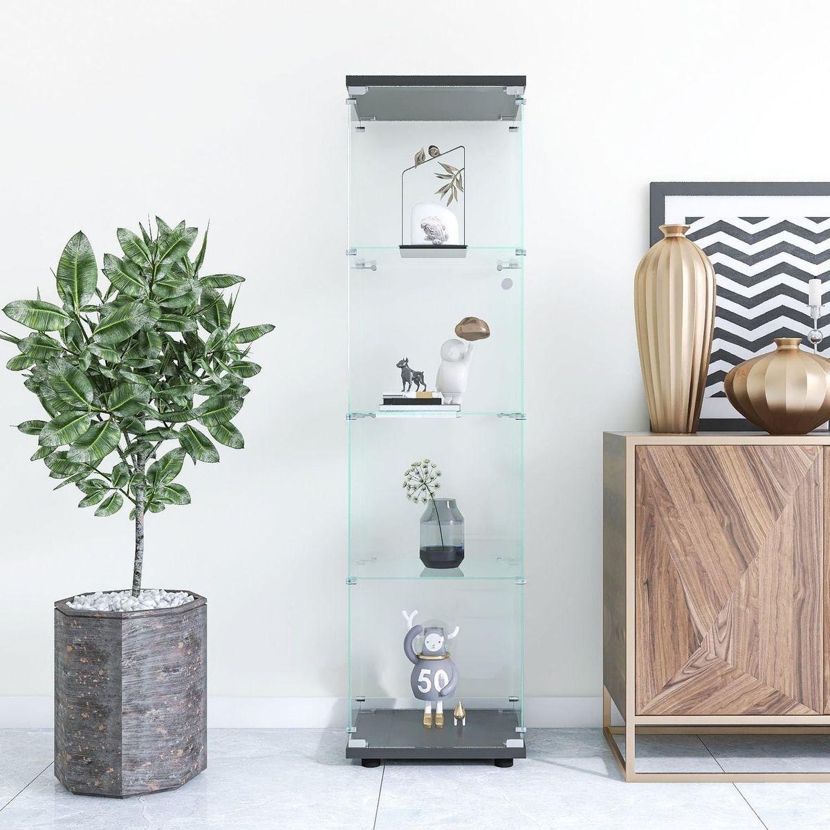 Bedroom Bedding & Decor: Glass Display Cabinet 4 Shelves with Door, Floor Standing Curio Bookshelf for Living Room Bedroom Office, 64.7"x16.7"x14.3", Black by Streamdale Furniture