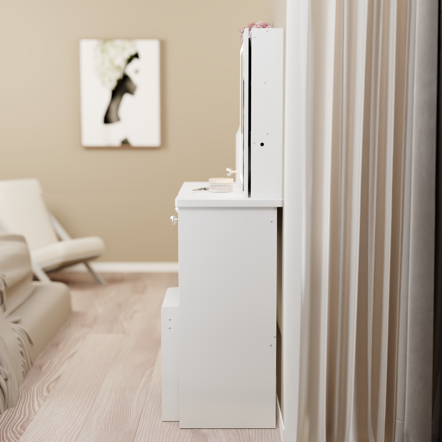 29.2' Small Size Left Drawer Desktop Vanity Table + Cushioned Stool, Extra Large Right sliding mirror, Multi Layer High Capacity Storage, Practical Fashionable Dresser, Suitable For Small Space