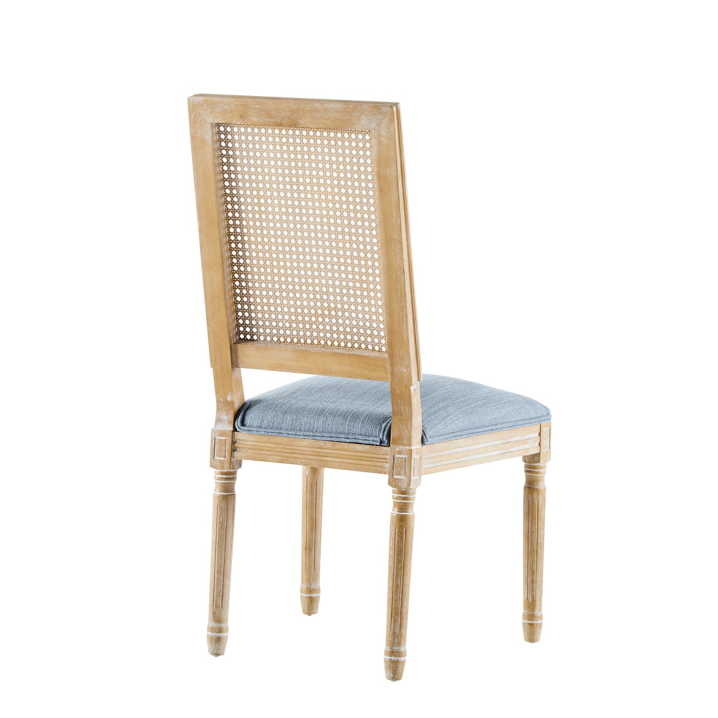 Vintage Inspired Set of 6 French Country Dining Chairs with Cane Backrest & Upholstered Seats in Rustic Weathered Finish