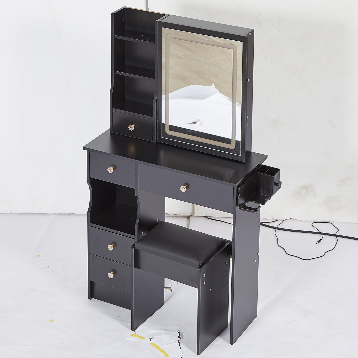 29.2' Small Size Left Drawer Desktop Vanity Table + Cushioned Stool, 2 AC+2 USB Power Station, Hair dryer bracket, Extra Large Touch Control Sliding LED Mirror, Tri-color Switching, Brightness Adjust