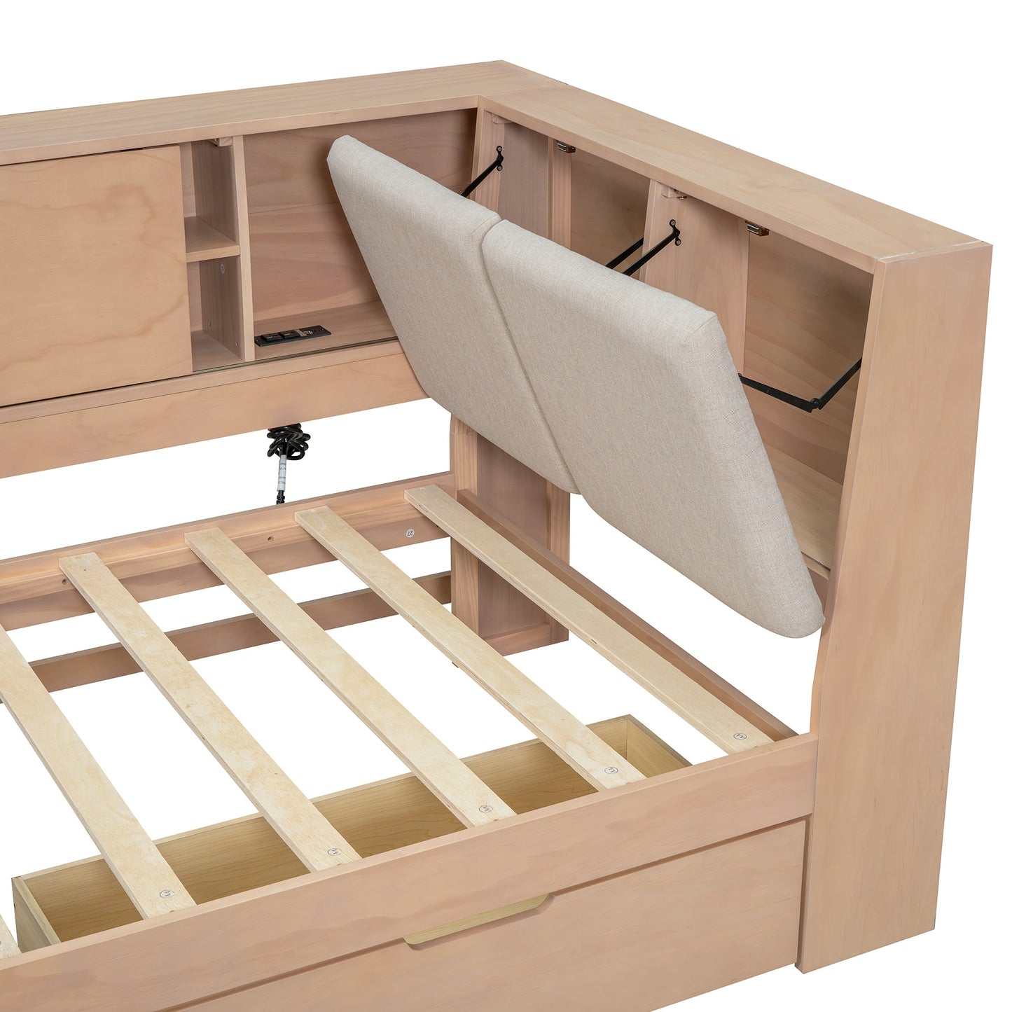 Wooden Twin Size L-shaped Daybed Corner Bed Under-bed Drawers  with Storage Bookcase and Upholstered Headboard and USB Charging Ports for Limited Space,Natural