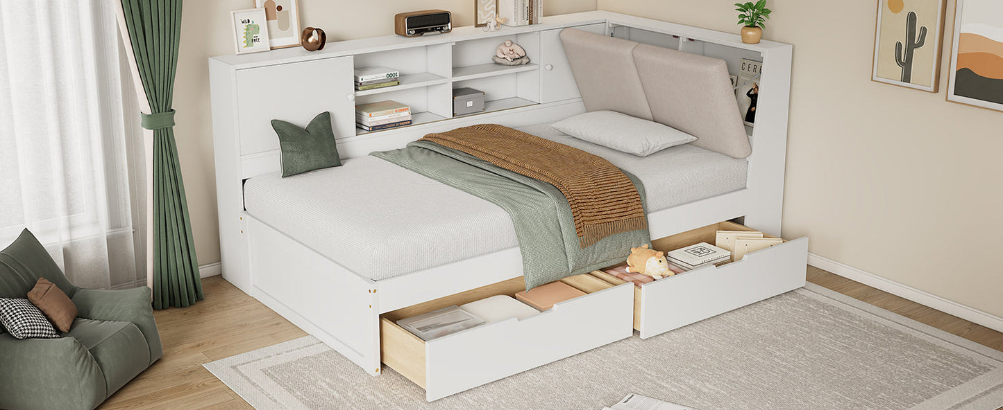 Wooden Twin Size L-shaped Daybed Corner Bed Under-bed Drawers  with Storage Bookcase and Upholstered Headboard and USB Charging Ports for Limited Space,White