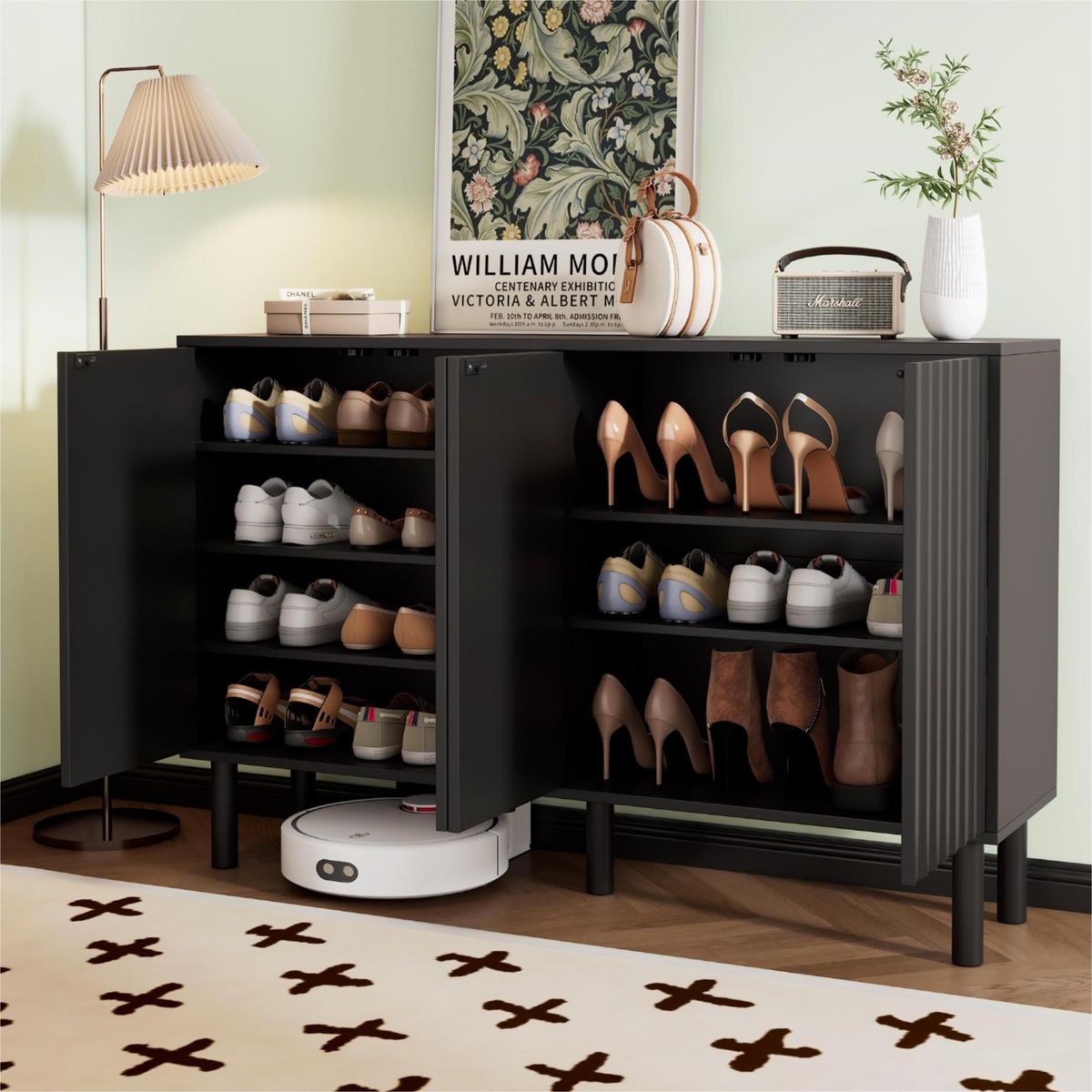 Kitchen Tools & Cookware: ON-TREND Minimalist Shoe Cabinet with 5 Solid Wood Legs, Cream Style Sideboard Buffet Cabinet with Fluted Doors, Large 4-Door Storage Cabinet with Adjustable Shelves for Living Room, Black, 55.1*13.7' by Streamdale Furniture