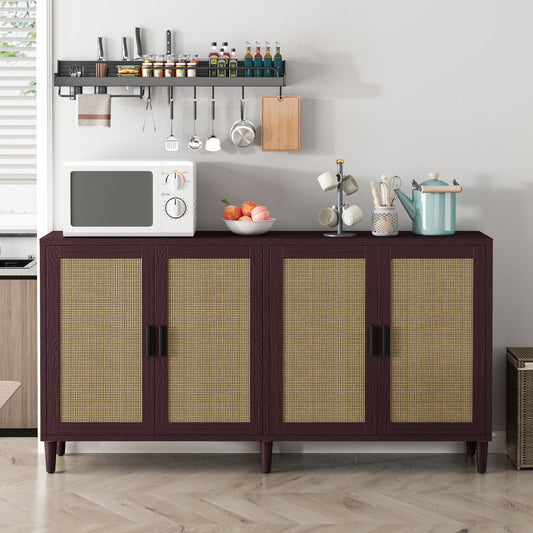 Bedroom Bedding & Decor: 70' Rattan Buffet Cabinet with Storage, 4-Door Sideboard Buffet Cabinet with Adjustable Shelves for Kitchen, Living Room and Dining Room, Easy Assembly,Brown by Streamdale Furniture