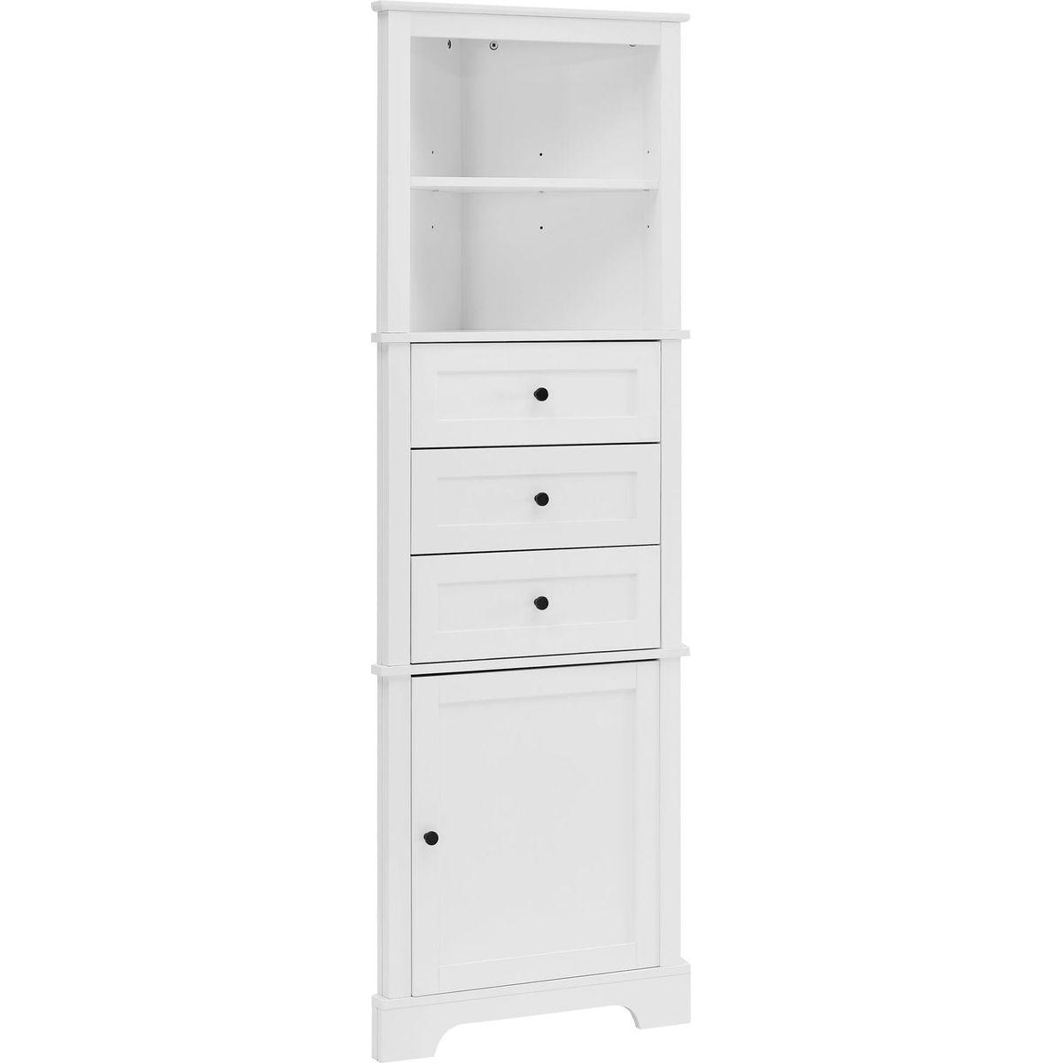 White Triangle Tall Cabinet with 3 Drawers and Adjustable Shelves for Bathroom, Kitchen or Living Room, MDF Board with Painted Finish