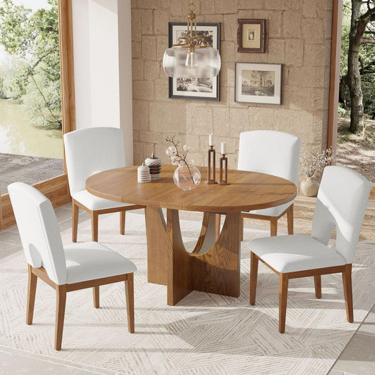 Smart Home Device: Modern 5-Piece Extendable Round Dining Table Set with 16.2inch Removable Leaf for Small Places, Walnut+Beige by Streamdale Furniture