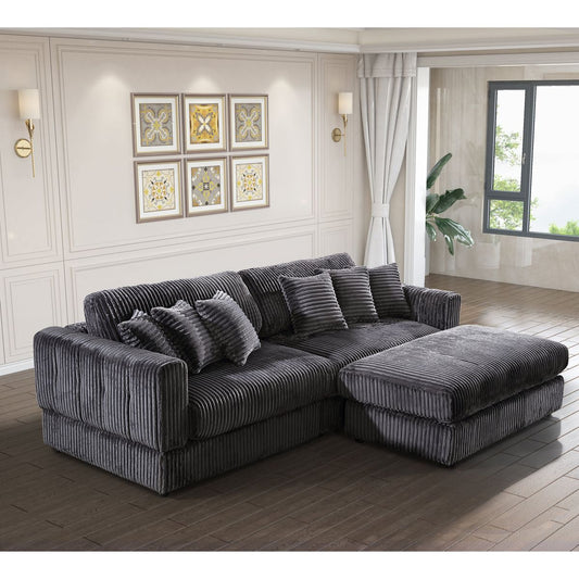 105' Oversized Sectional Sofa Cloud Couch for Living Room, Modern stripe L Shaped Couch, Comfy Boucle Modular Sofa Sleeper with Moveable Ottoman (Gery)