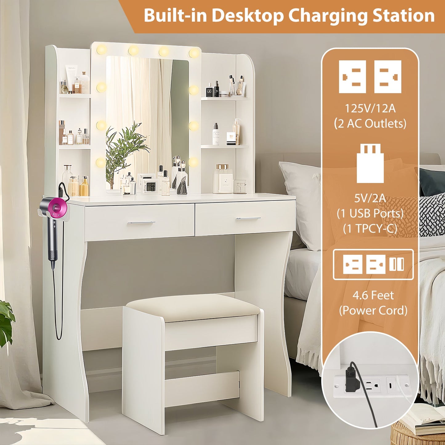 Vanity Desk Set with Mirror & Adjustable Lights, Power Outlet and Hair Dryer Rack, 2 Drawers and 6 Shelves, Includes Cushioned Stool, White MDF