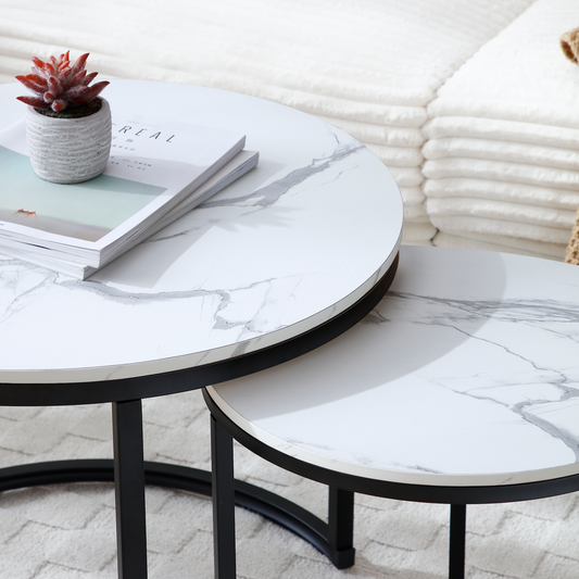 Bedroom Bedding & Decor: Set 2 Coffee Table Nesting White and gray top Black Frame Circular Round and Marble Pattern Wooden Tables, Living Room Bedroom Apartment Modern Industrial Simple Nightstand by Streamdale Furniture