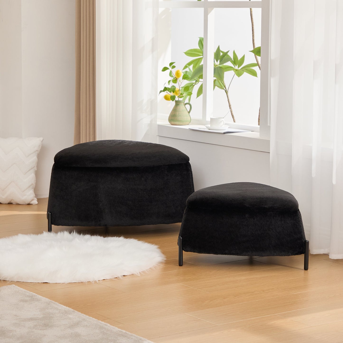 Area Rug: Upholstered 2-Piece Storage Ottoman Set with Metal Legs, Faux Fur, Black, 29.9' Wide by Streamdale Furniture
