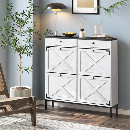 Kitchen Tools & Cookware: Large Shoe Cabinet with 4 Flip Drawers, Freestanding Shoe Cabinet Organizer with Metal Drawer Bracket, Shoes Storage Cabinet for Entryway, Narrow Shoe Rack Cabinet, White by Streamdale Furniture